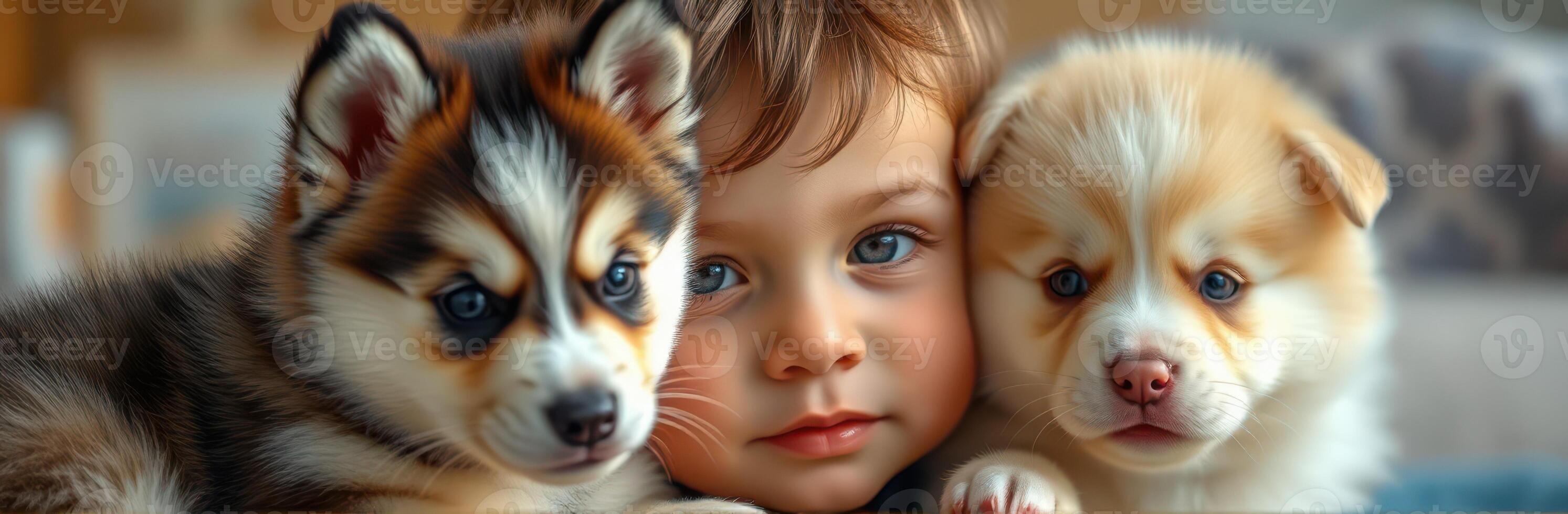 Child enjoys playful moments with adorable puppies in a cozy indoor setting during daytime photo