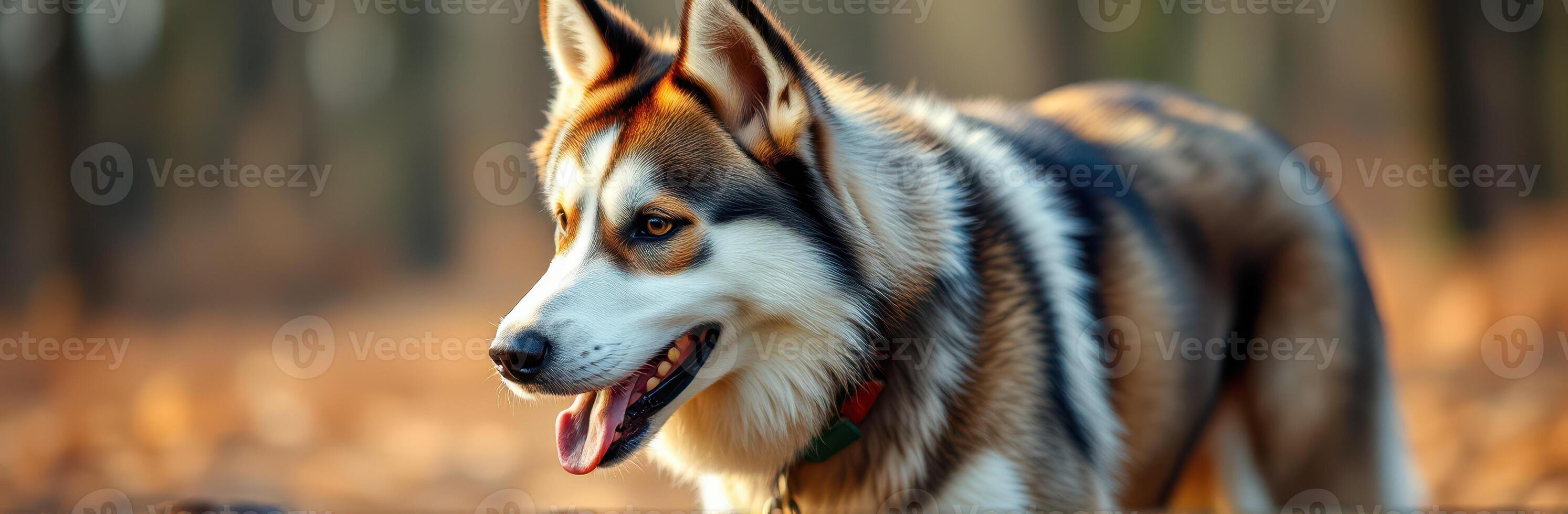 Beautiful husky exploring a wooded area during golden hour in autumn photo