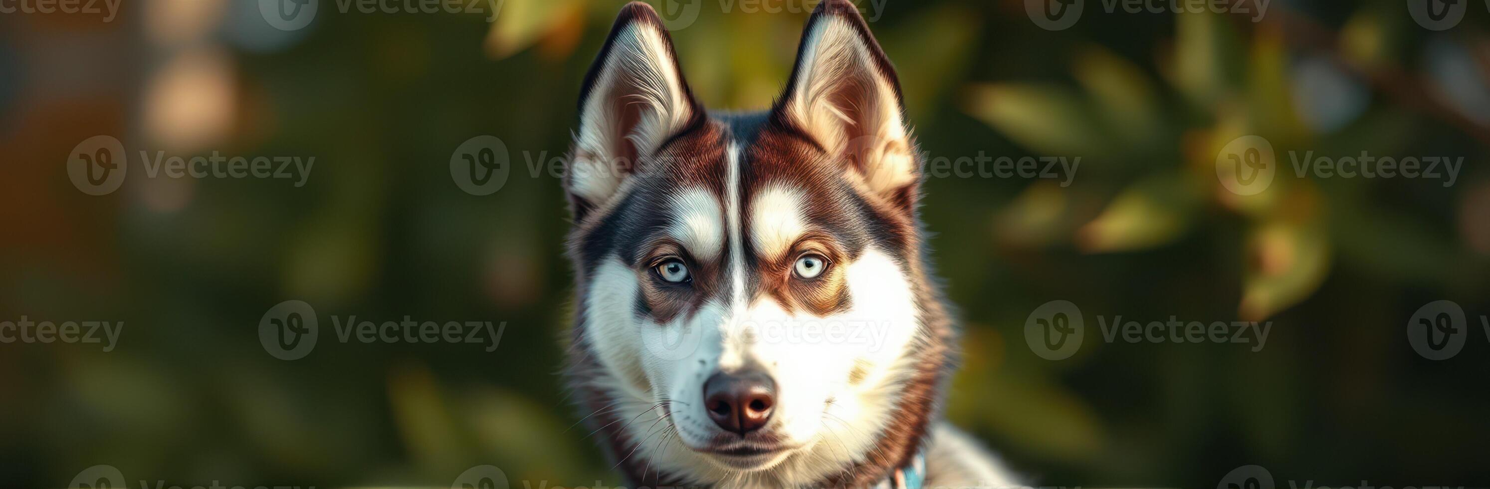 Siberian husky with striking blue eyes sitting outdoors in a lush garden during late afternoon sunlight photo