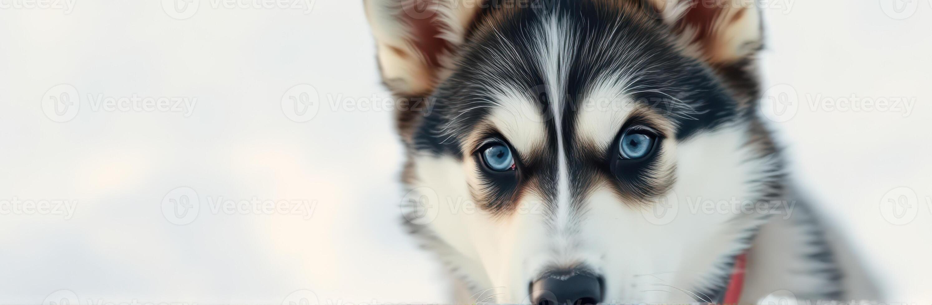 Husky with striking blue eyes explores snowy landscape during winter afternoon in a serene setting photo