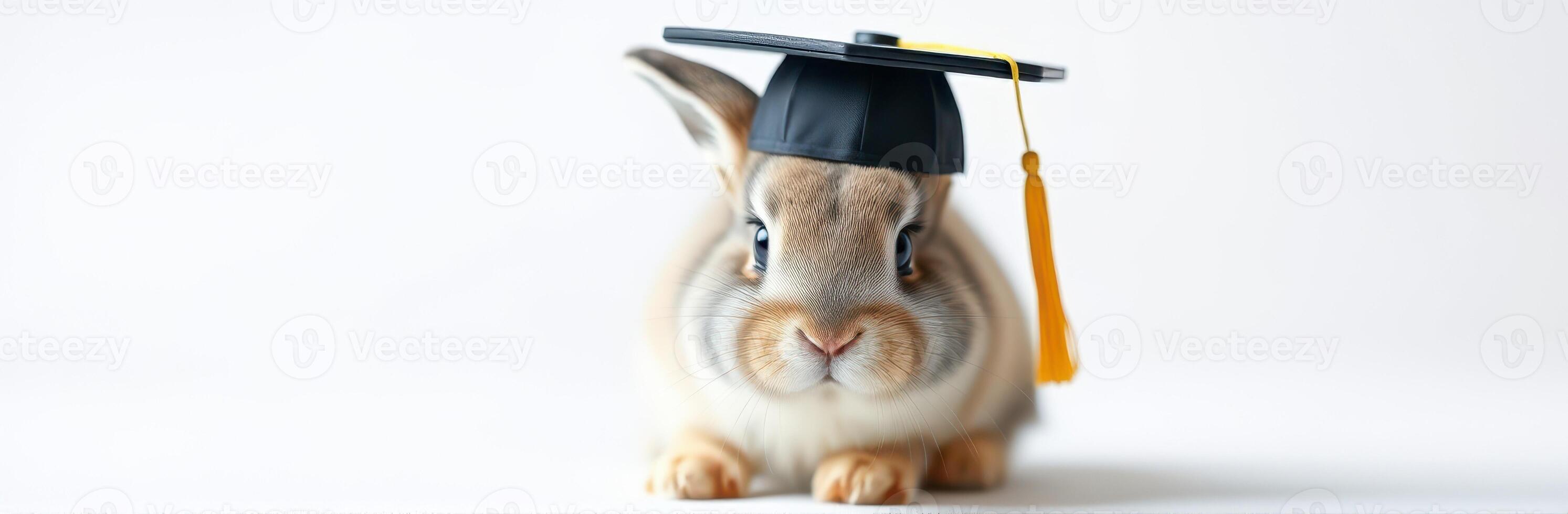 Cute rabbit wearing a graduation cap with a tassel celebrating a milestone achievement indoors photo