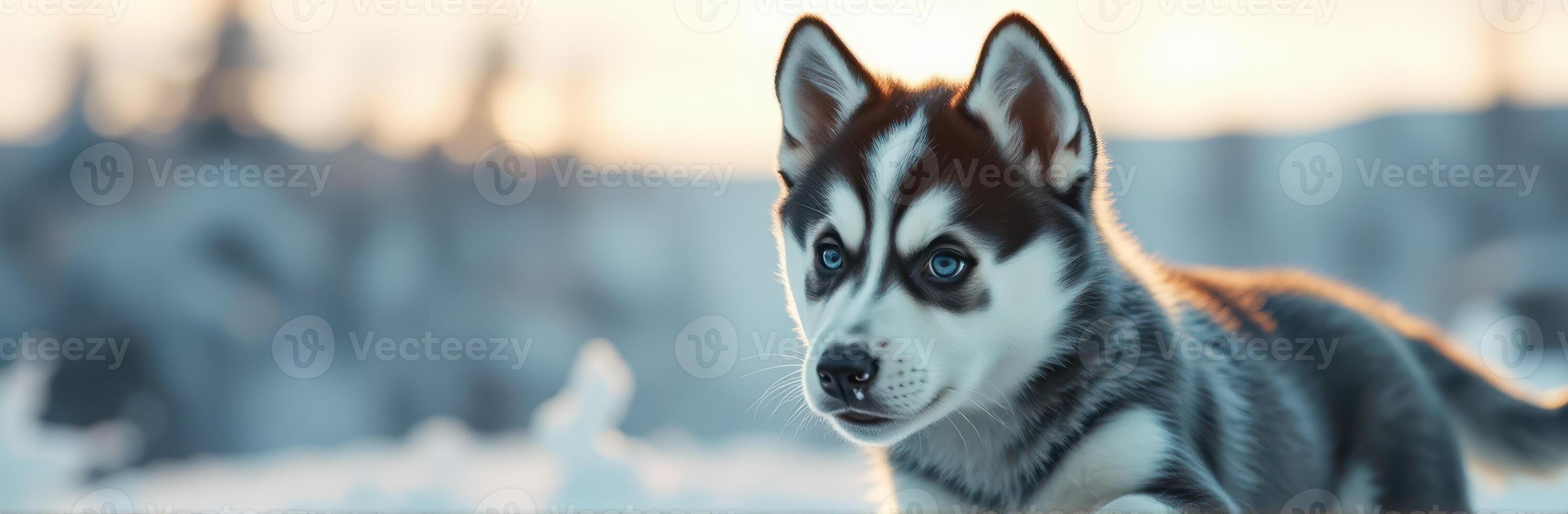 Cute husky puppy playing in the snowy landscape during a winter afternoon photo