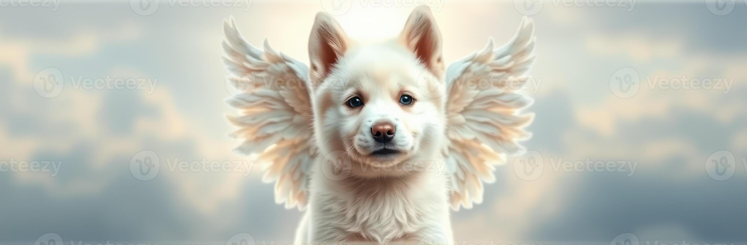 A fluffy white dog with angelic wings stands in a cloudy sky, evoking a sense of whimsy and magic in a serene atmosphere photo