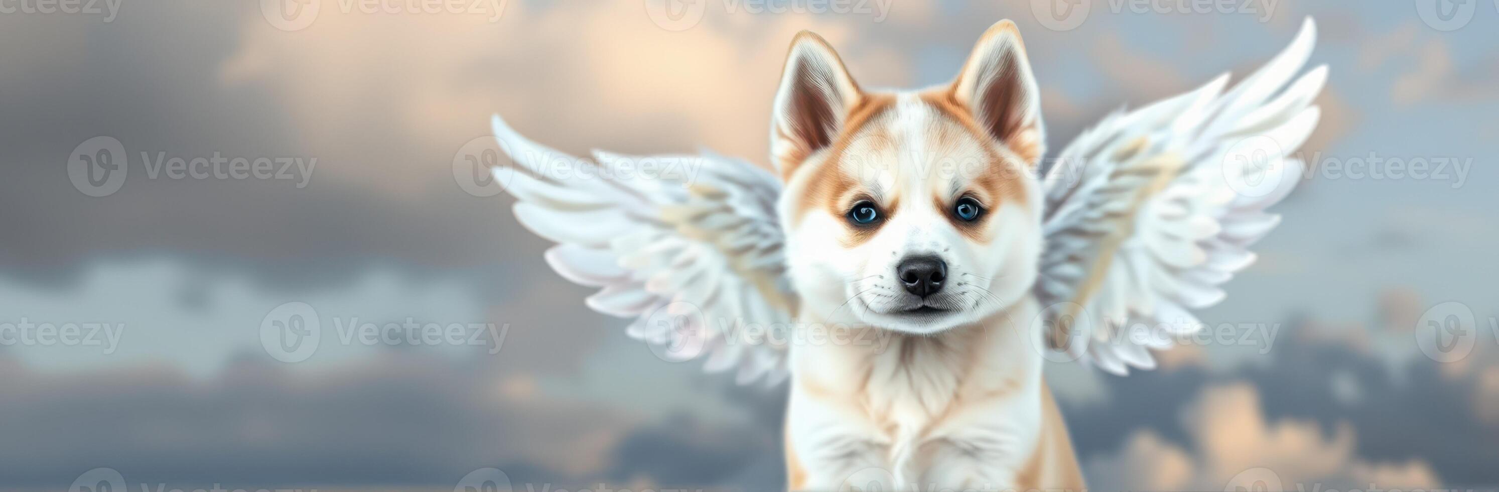 Cute dog with angel wings soaring through a bright sky surrounded by fluffy clouds photo
