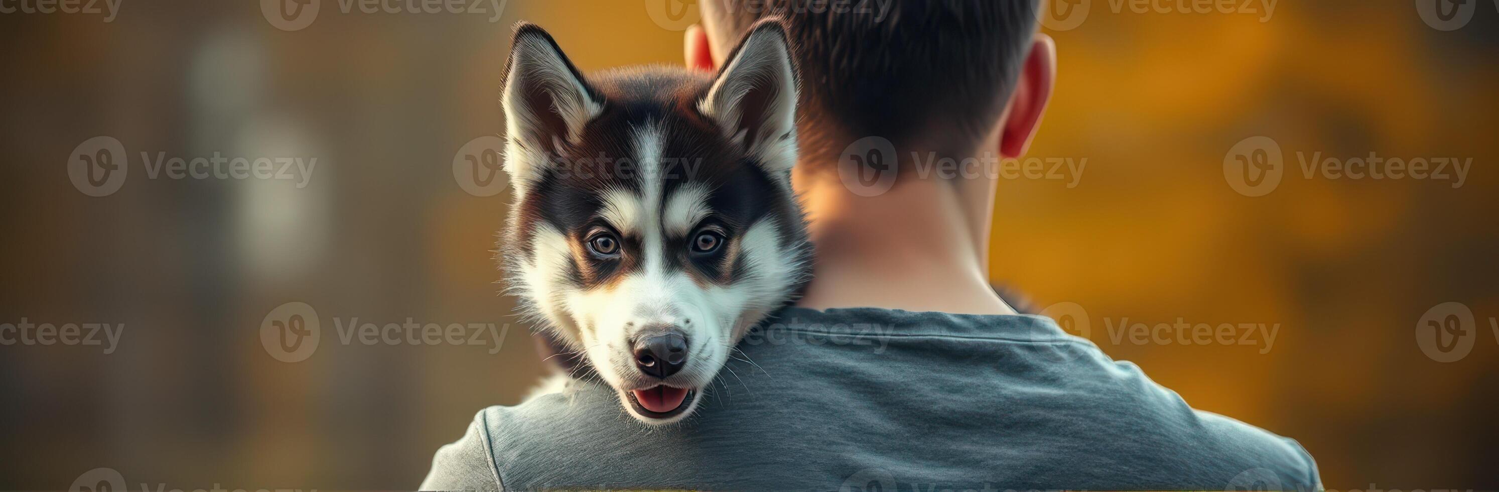 Man carries husky dog on shoulder during fall season in a forest photo