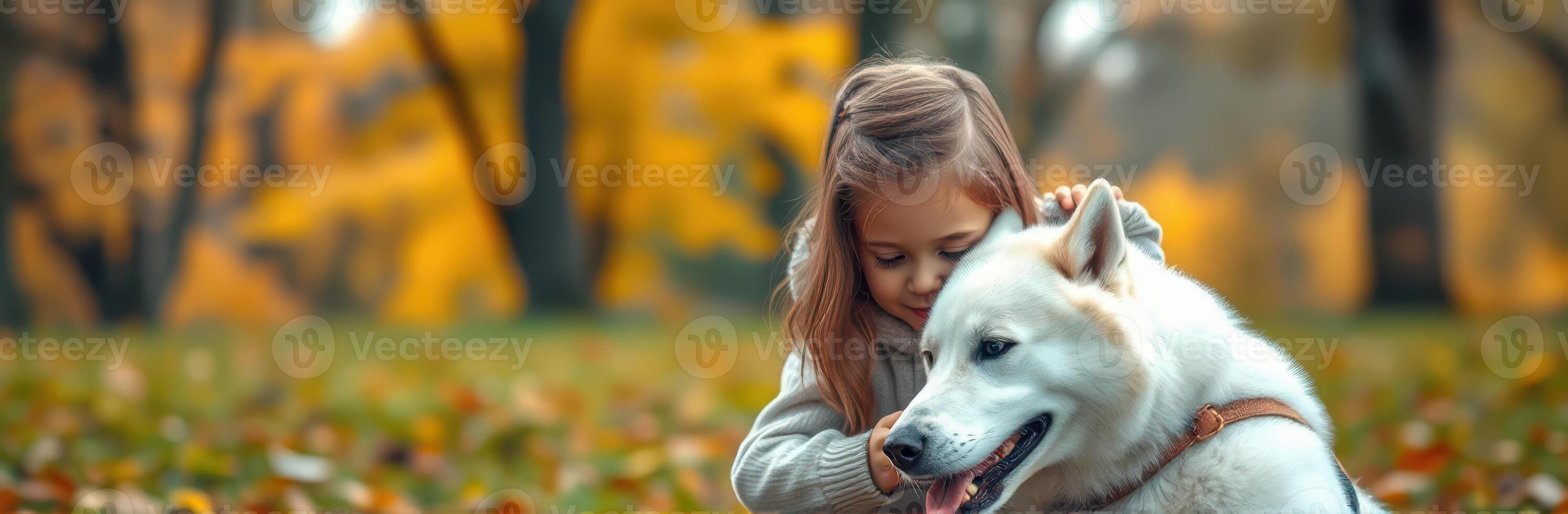 Young girl enjoys playful moment with her white dog in a colorful autumn park with golden leaves photo