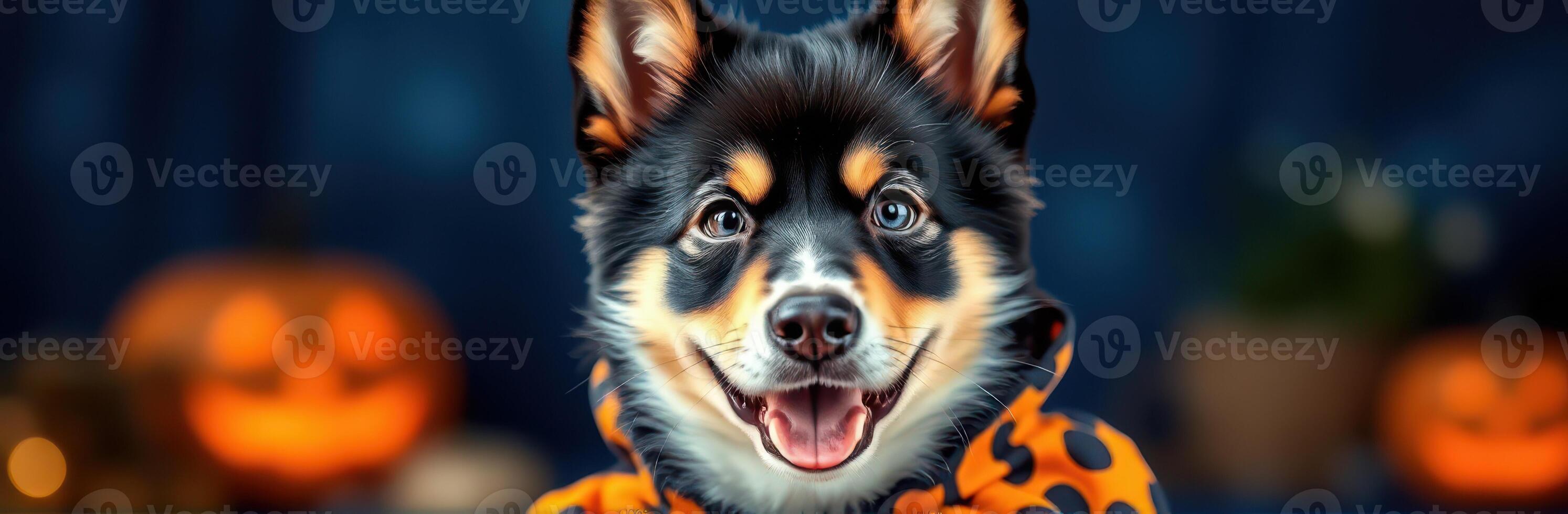 Happy dog in a Halloween costume with pumpkins in the background during a festive autumn celebration photo