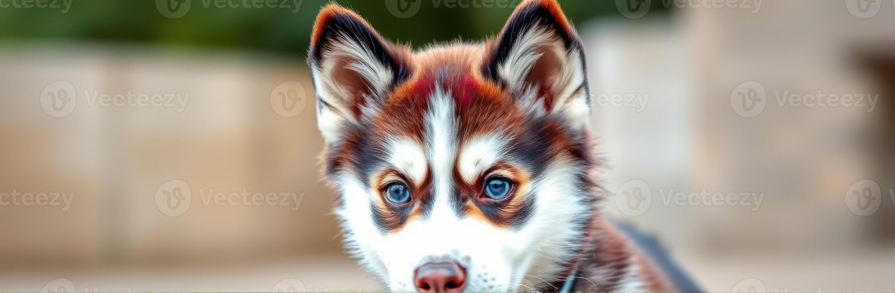 Cute husky puppy with striking blue eyes enjoys outdoor playtime in sunny park setting photo