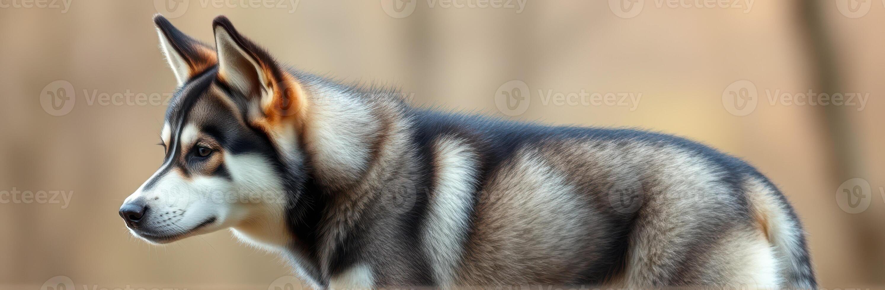 Siberian husky stands alert in natural setting during golden hour lighting photo