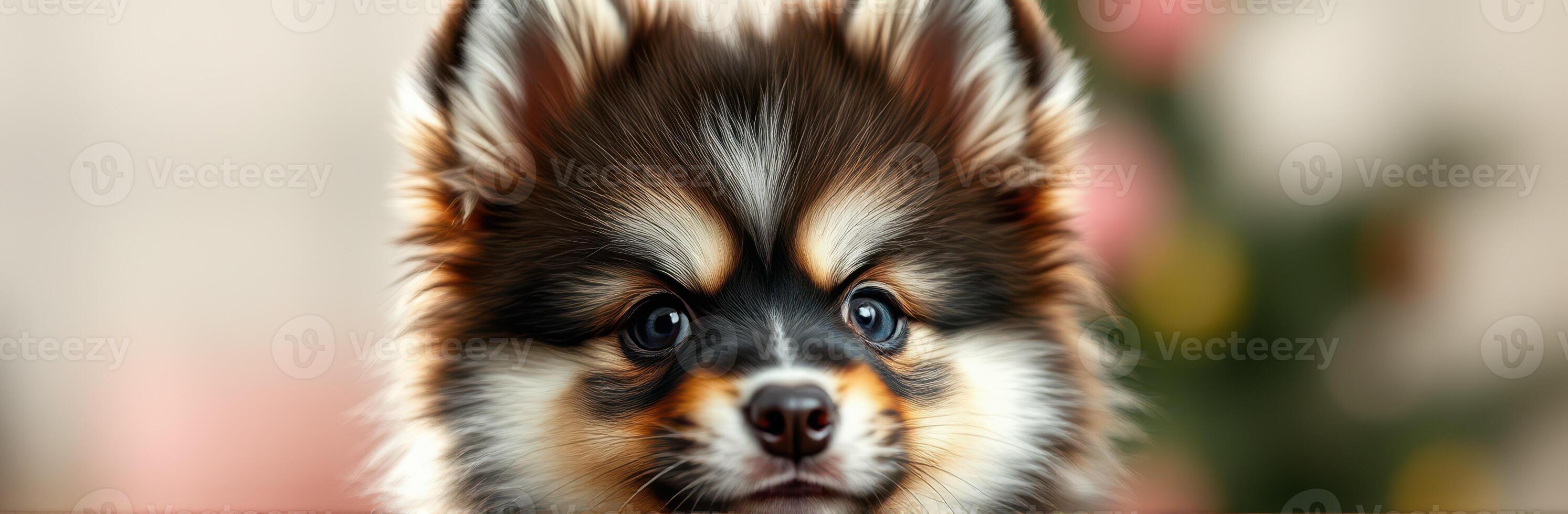 Cute pomeranian puppy looking curiously at the camera in a cozy indoor setting during daylight photo