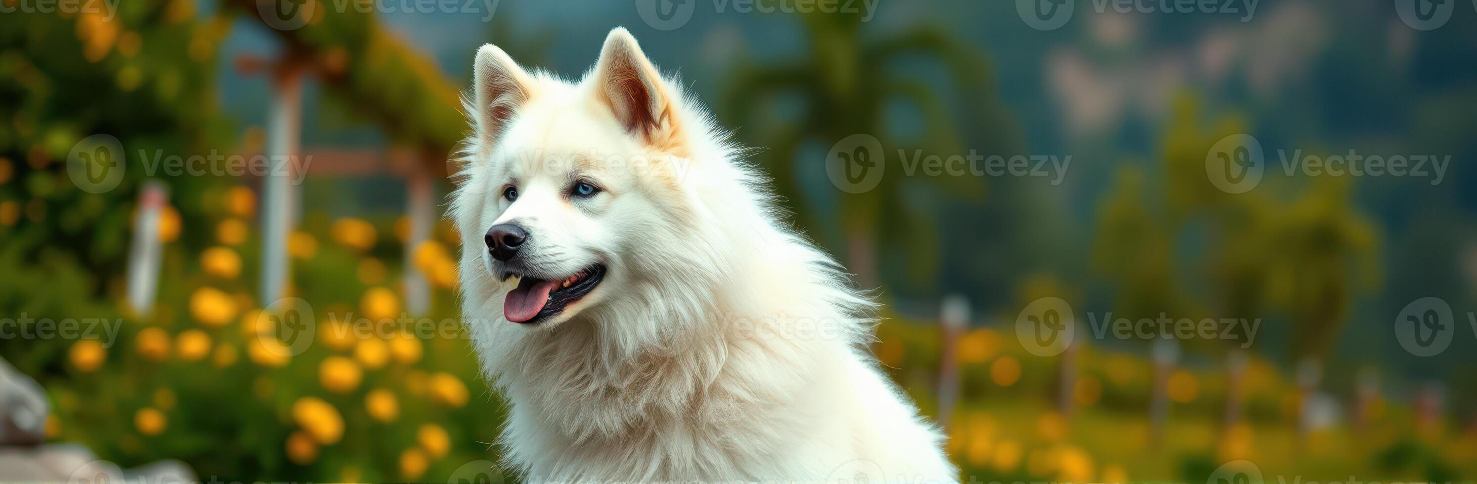 White fluffy dog enjoys a sunny day in a vibrant garden filled with blooming flowers and greenery photo