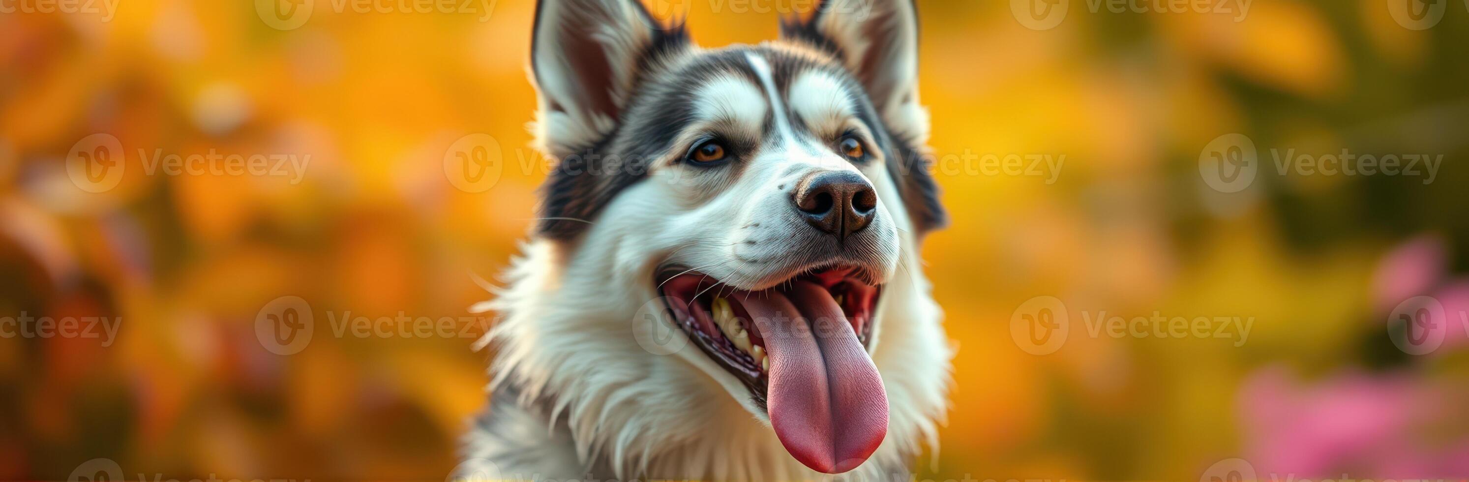 Playful husky enjoying a sunny day in a vibrant garden filled with autumn colors photo