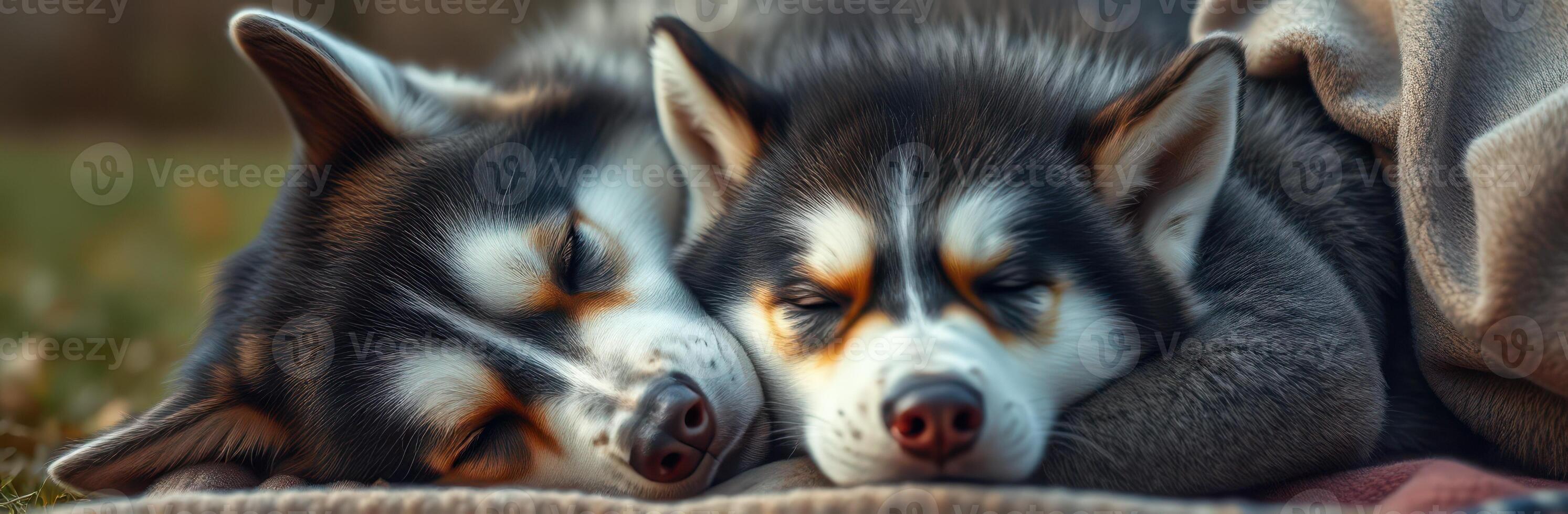 Two huskies sleeping together on a soft blanket during a peaceful afternoon in a cozy backyard photo