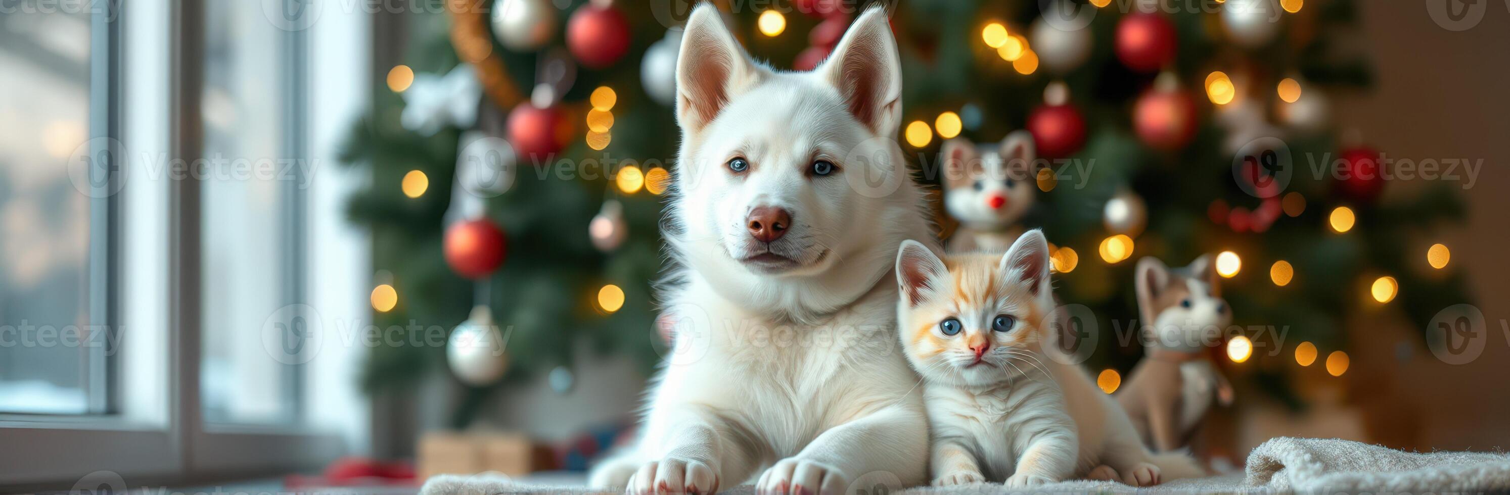 Winter holiday gathering with a white dog and a playful kitten near a decorated Christmas tree in a cozy indoor setting photo