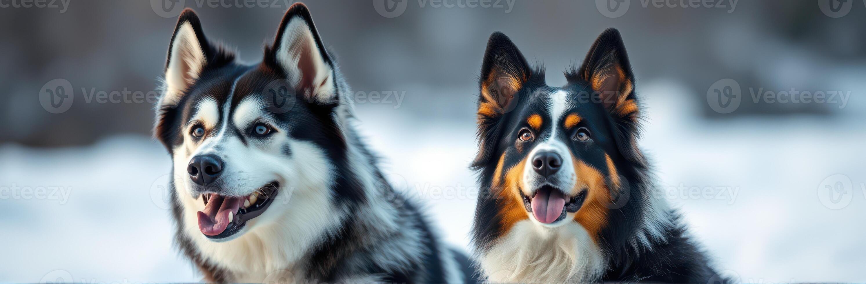 Two dogs pose in the snow on a winter day showcasing their unique fur patterns and bright eyes photo