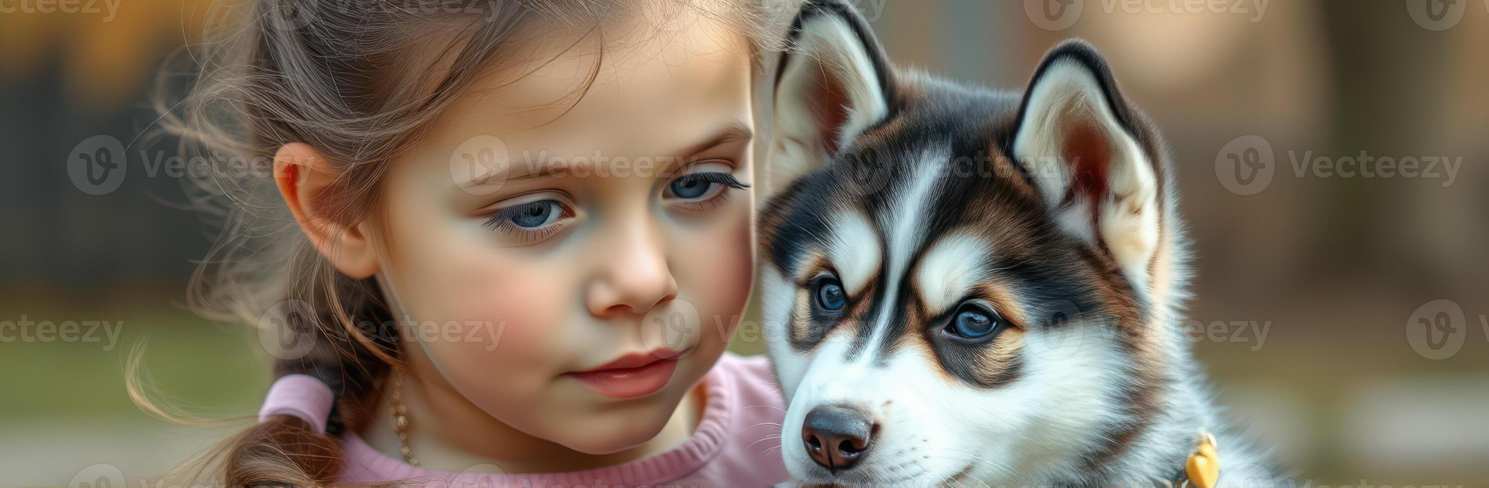 Young girl embraces a playful husky puppy in a park during a sunny autumn day photo