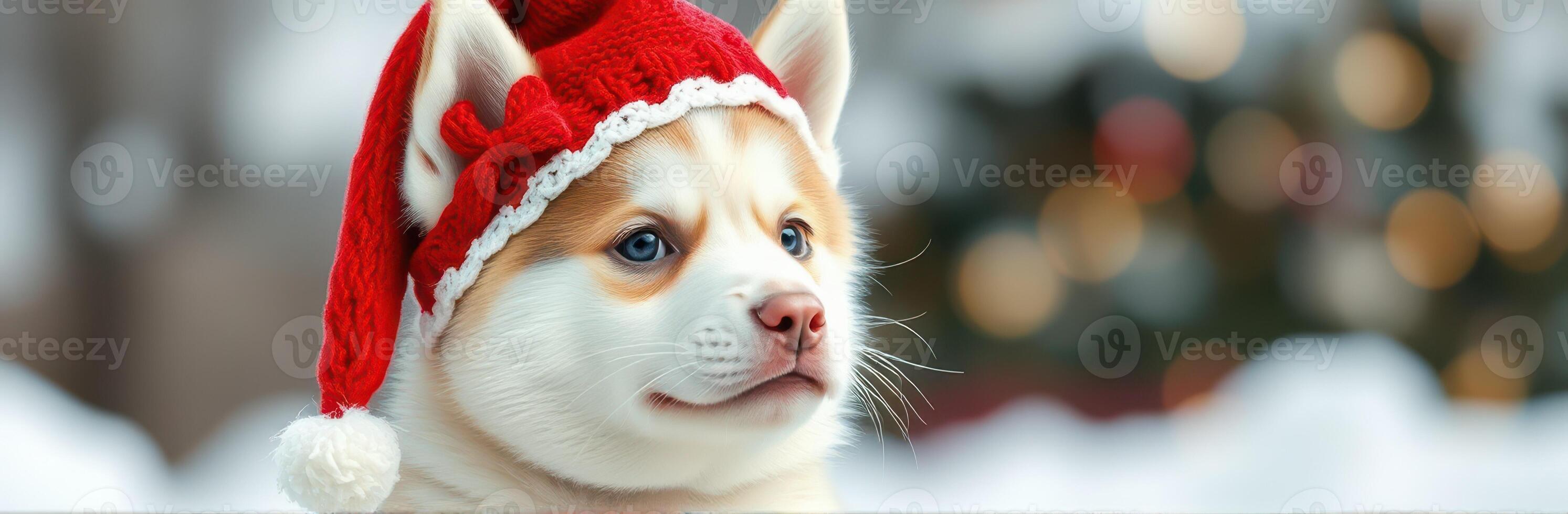 Cute puppy wearing a red Santa hat sitting in the snow with festive decorations in the background photo