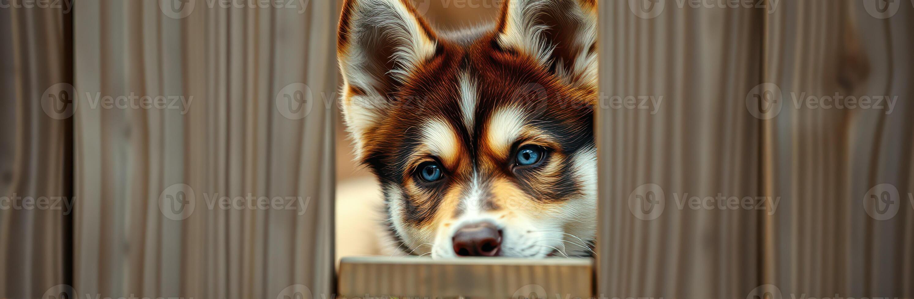 Curious puppy peers through wooden fence at outside world while exploring its surroundings photo