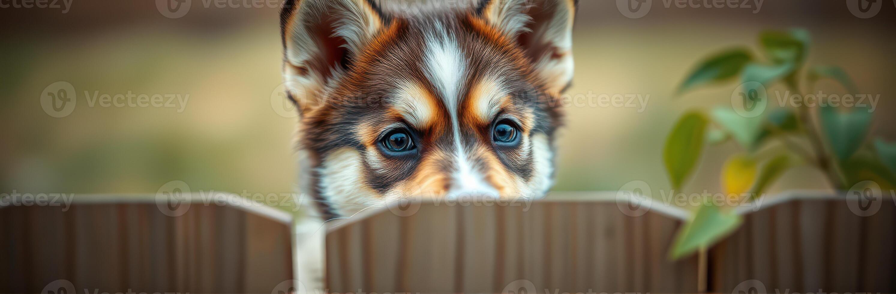 Curious puppy peeks over wooden fence in backyard during sunny afternoon photo