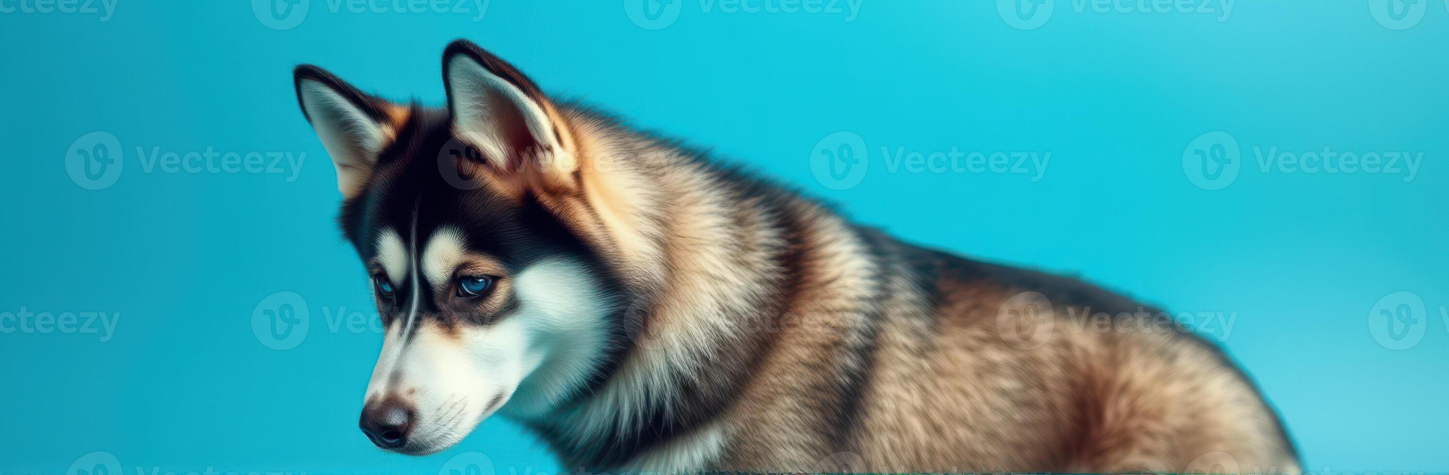 Siberian husky with striking fur coat poses against vibrant blue background in a studio setting photo