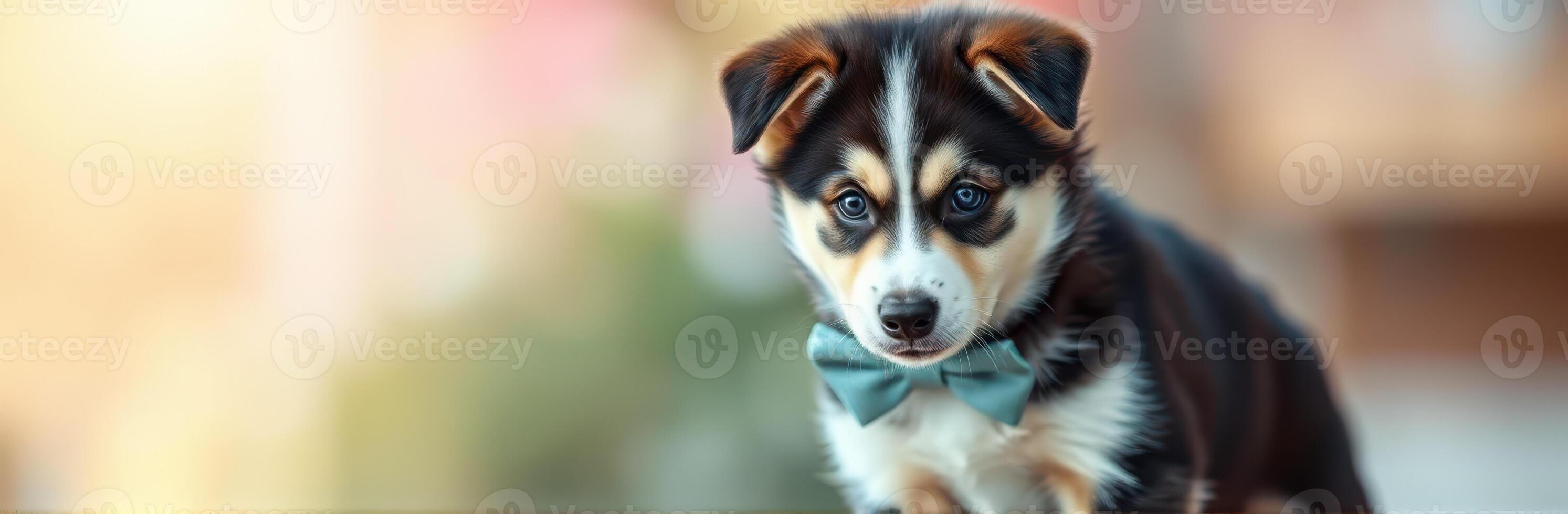 Cute puppy in a blue bow tie poses for a close-up in a sunny outdoor setting during the afternoon light photo
