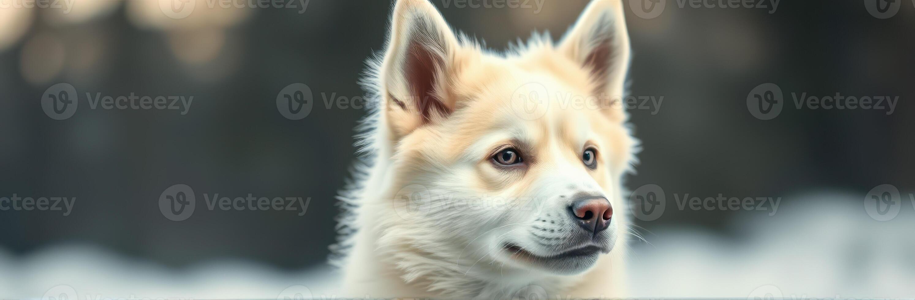 Soft-furred dog gazes thoughtfully in a serene winter landscape at dusk photo