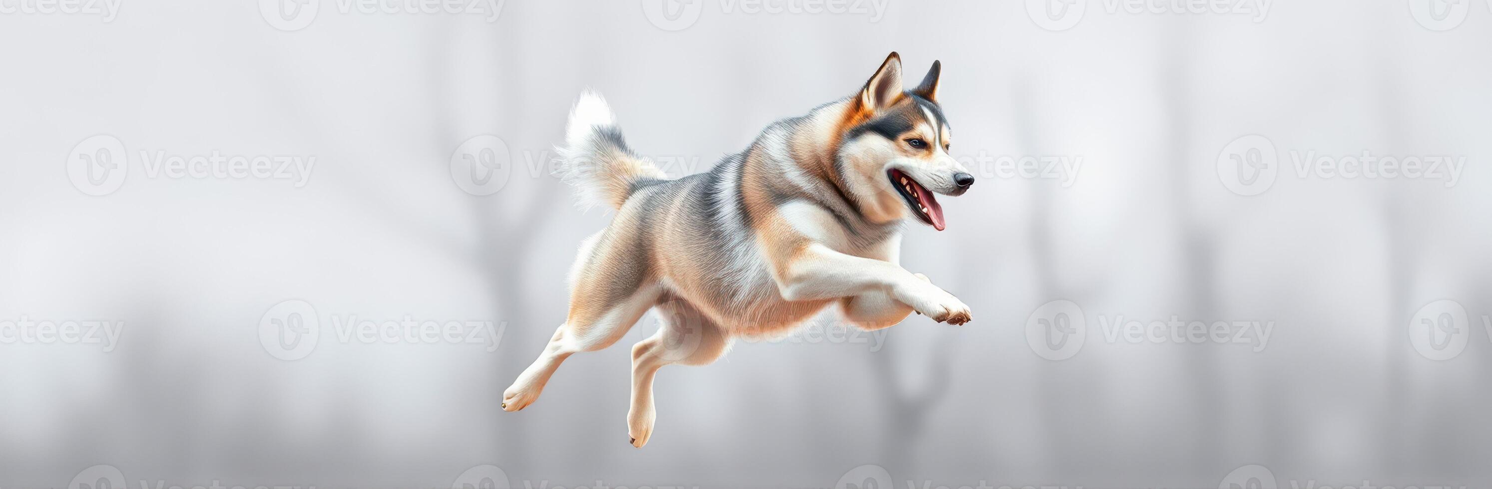Majestic dog leaps joyfully in a misty landscape during a serene morning exploration photo