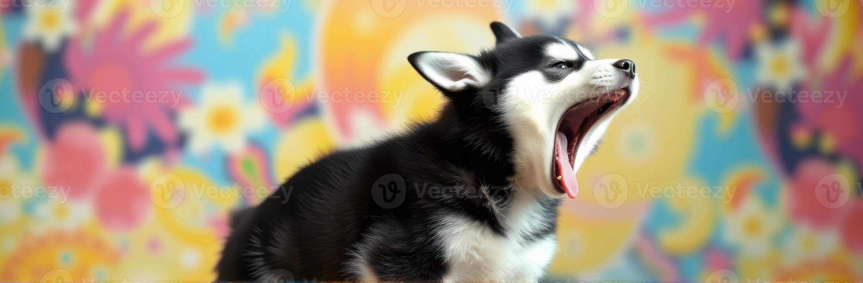 Adorable husky puppy yawns against a vibrant floral background in a playful indoor setting photo
