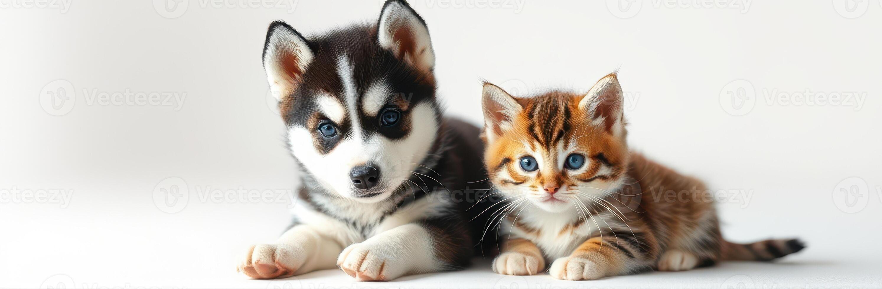 Playful puppy and kitten posing together on a light background in a serene indoor setting photo