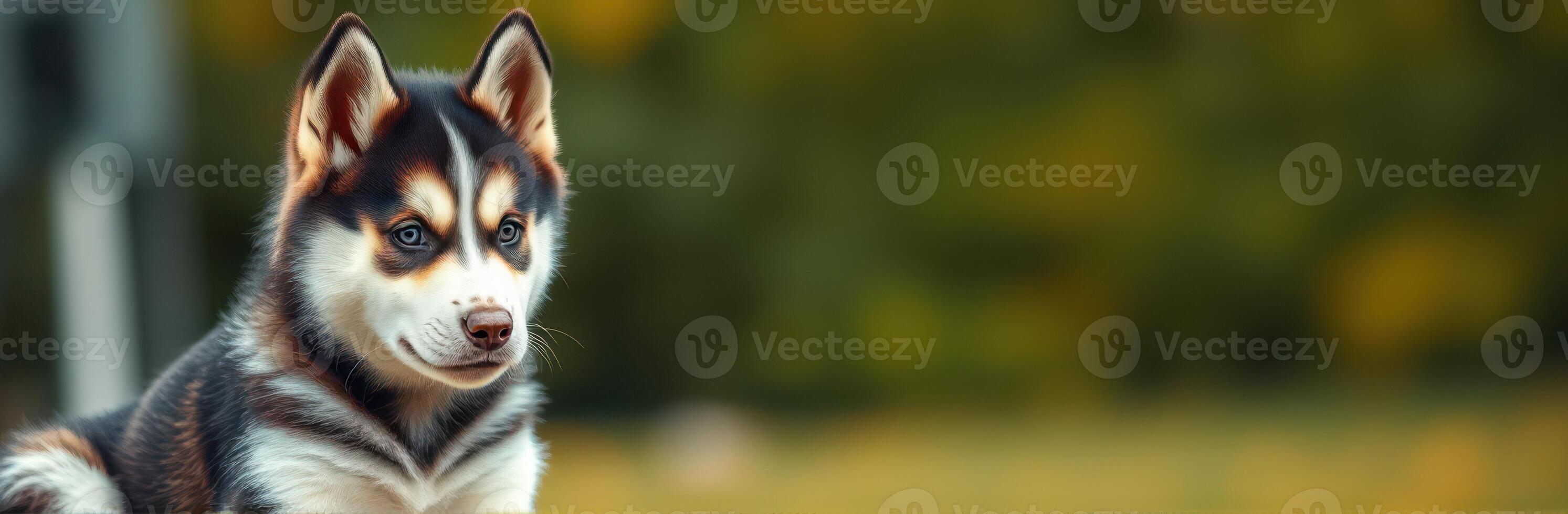 Cute husky puppy sitting on grass during a sunny day in a park photo
