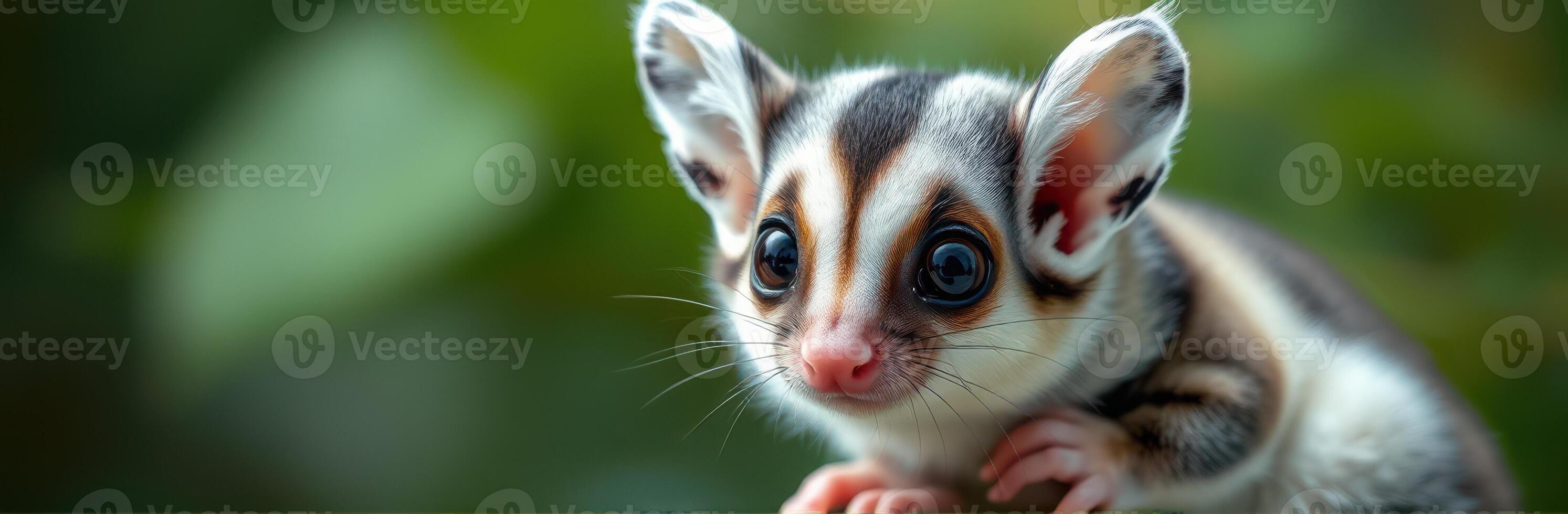 Cute small animal with large eyes exploring a lush green habitat during daylight photo