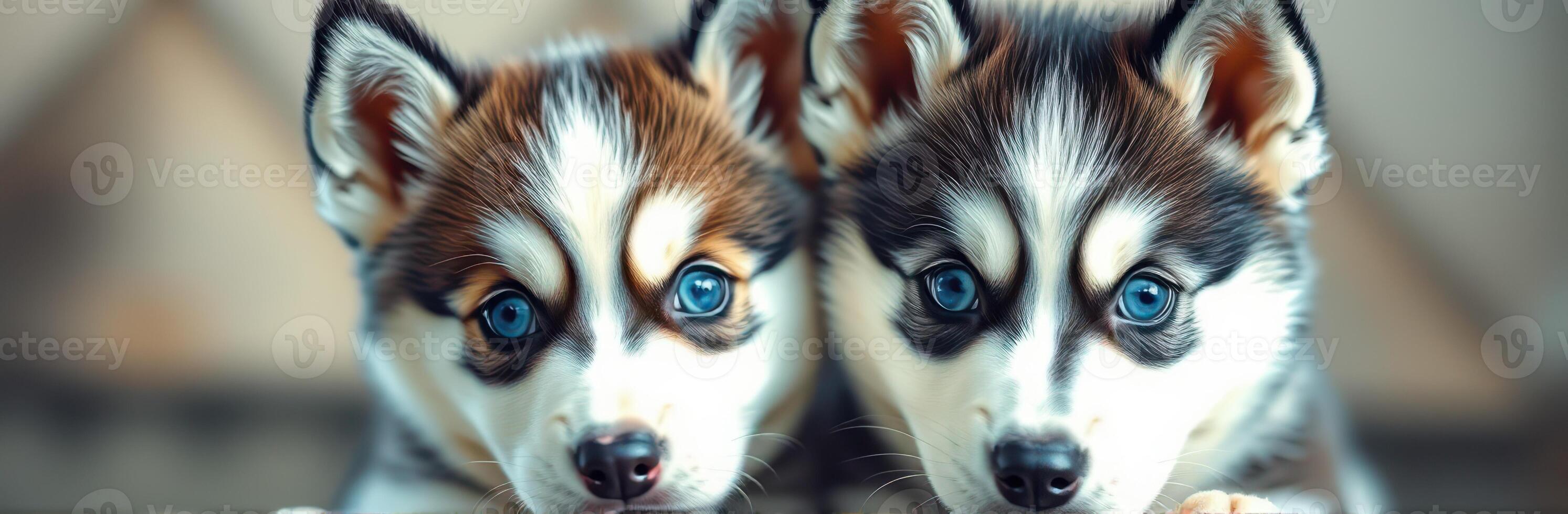 Two playful husky puppies showcasing their striking blue eyes and vibrant fur patterns in an indoor setting during bright daylight photo