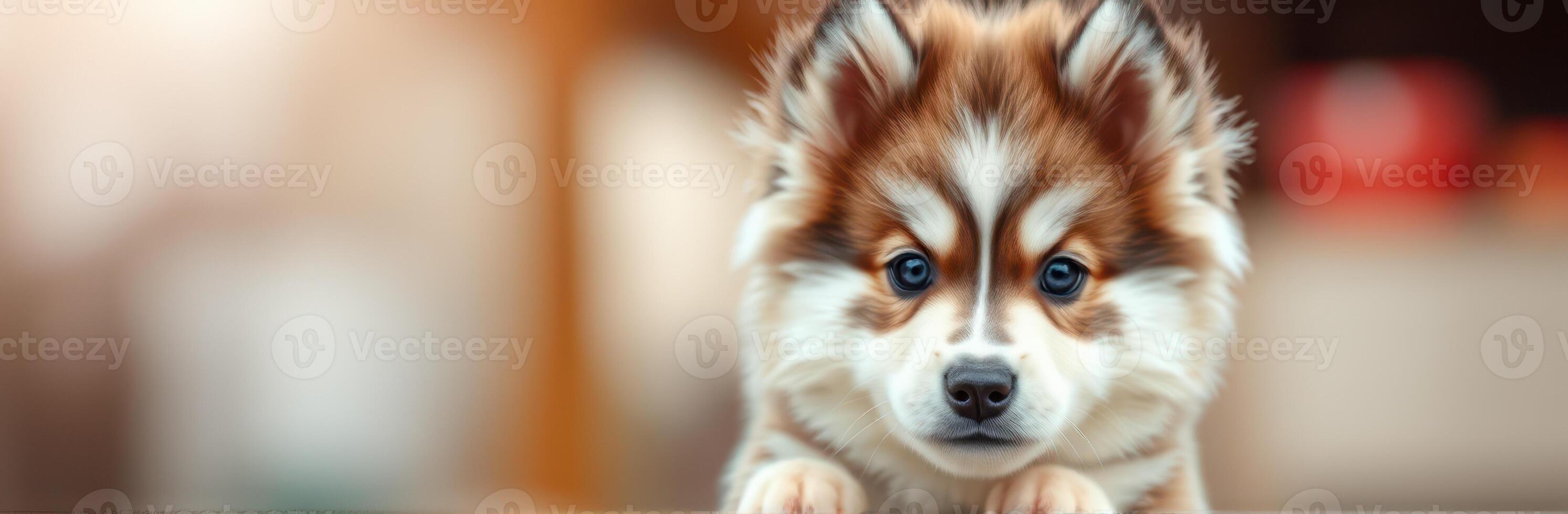 Cute puppy with fluffy fur poses adorably indoors in a cozy setting with warm lighting photo