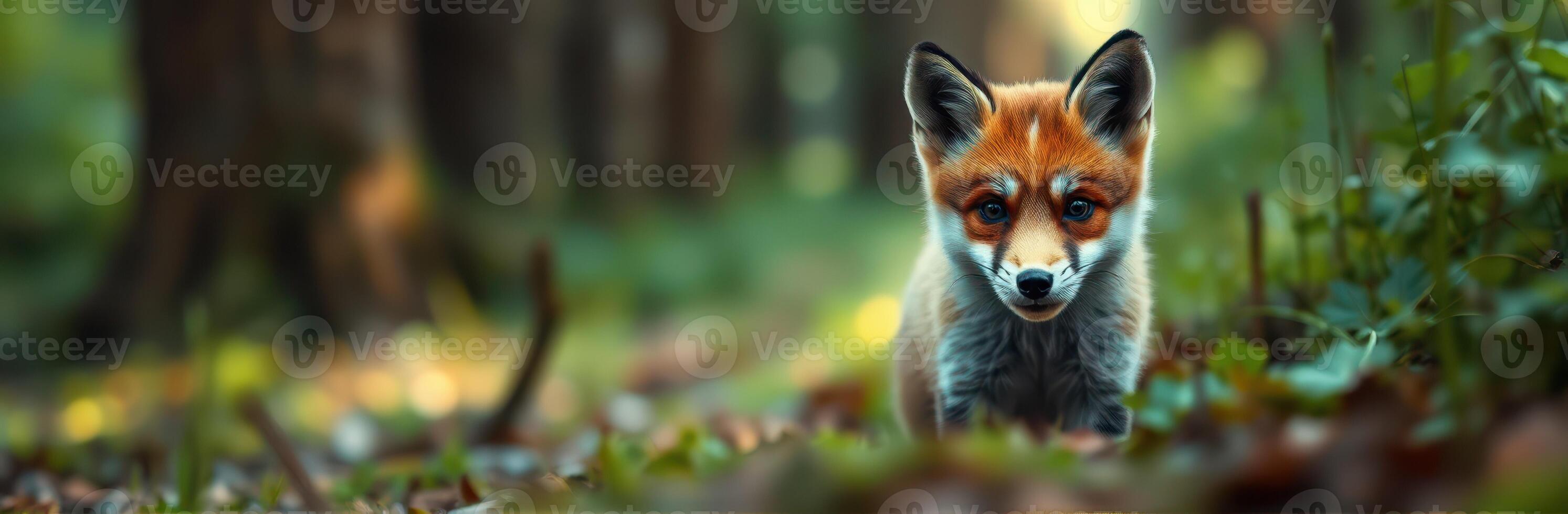 Young fox exploring a lush forest pathway during early morning light photo