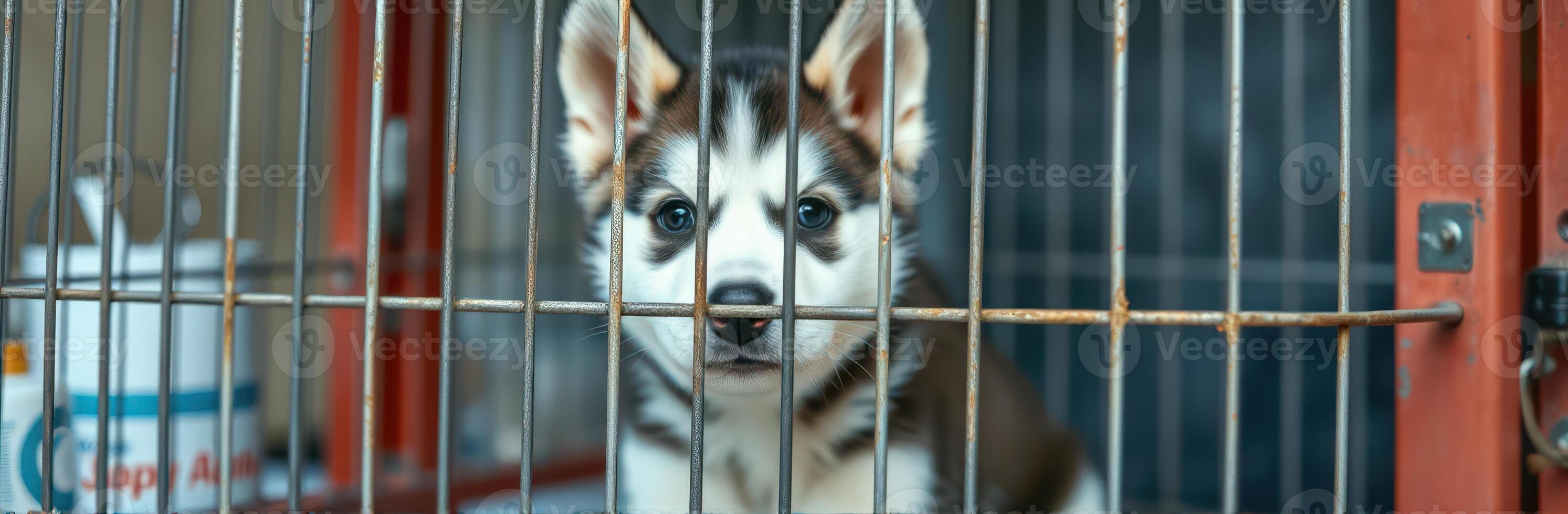 Adorable husky puppy looking through bars in an animal shelter at noon in a bright, inviting atmosphere photo