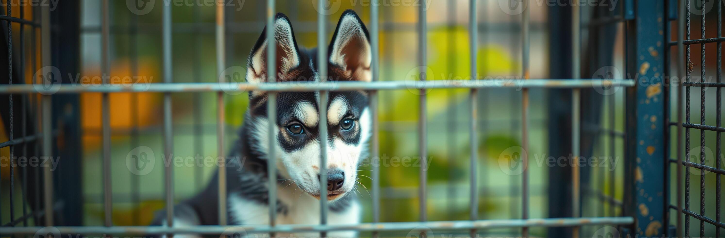 Siberian husky puppy looks through cage bars in an animal shelter during afternoon light photo