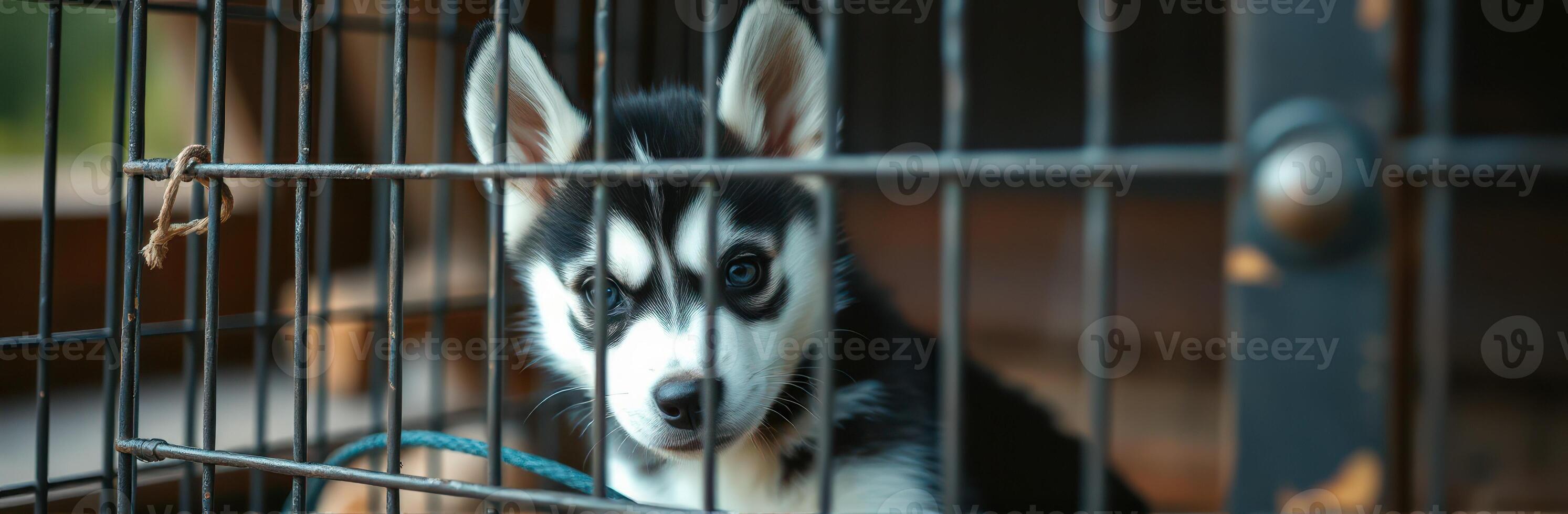 Puppy in a cage looking curiously outside on a sunny day at a shelter facility photo