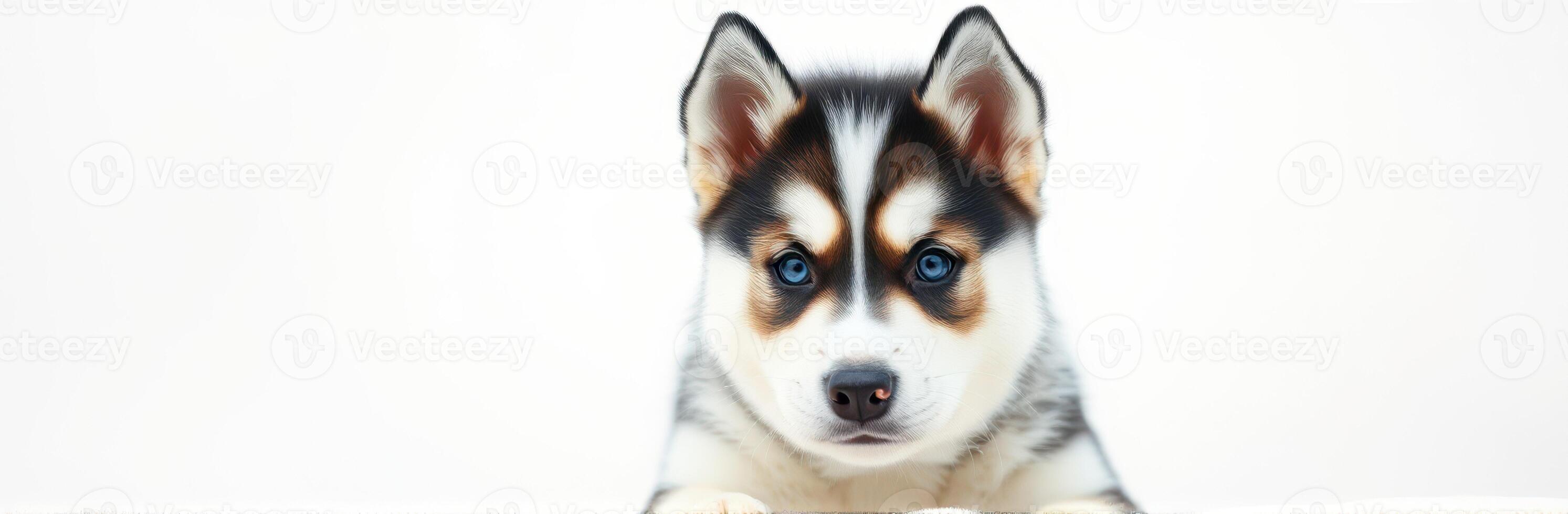 Cute husky puppy with striking fur pattern rests on a light background while looking directly at the camera indoors photo