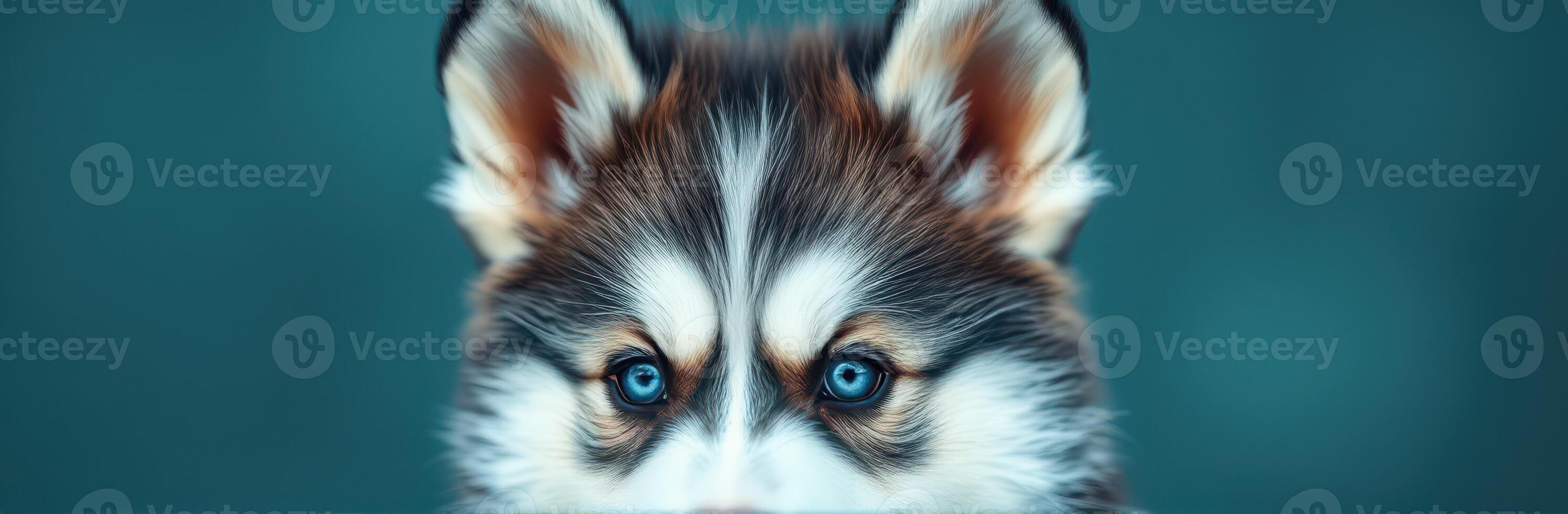 Curious puppy peeks over a surface with striking blue eyes and fluffy fur in a serene environment photo