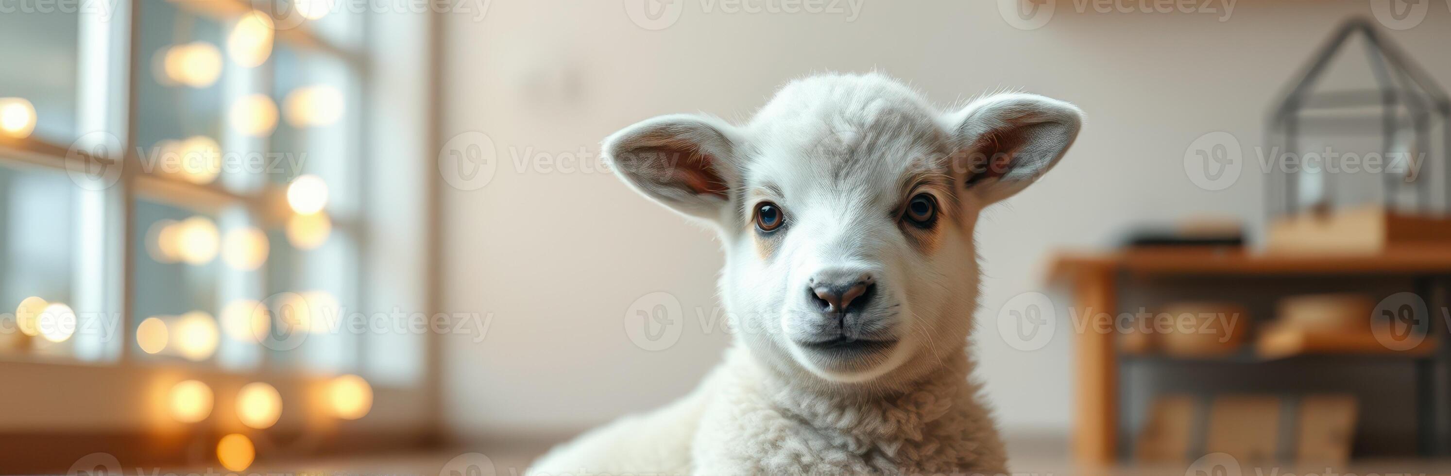 Cute young lamb resting indoors with warm lighting decorations in the background photo