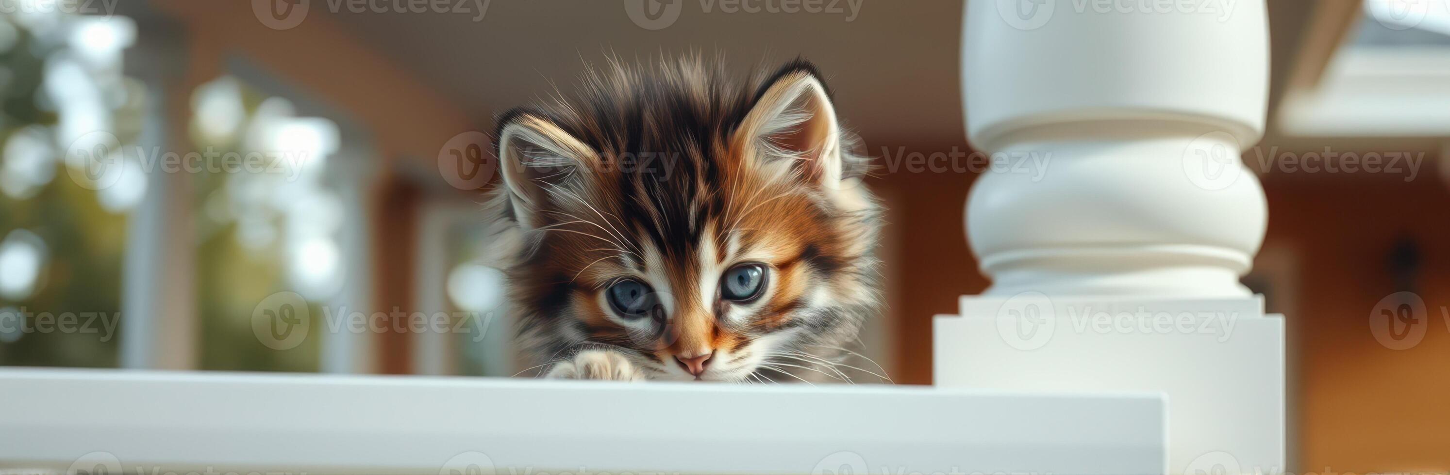 Playful kitten peeking over a railing on a sunny day in a cozy backyard photo