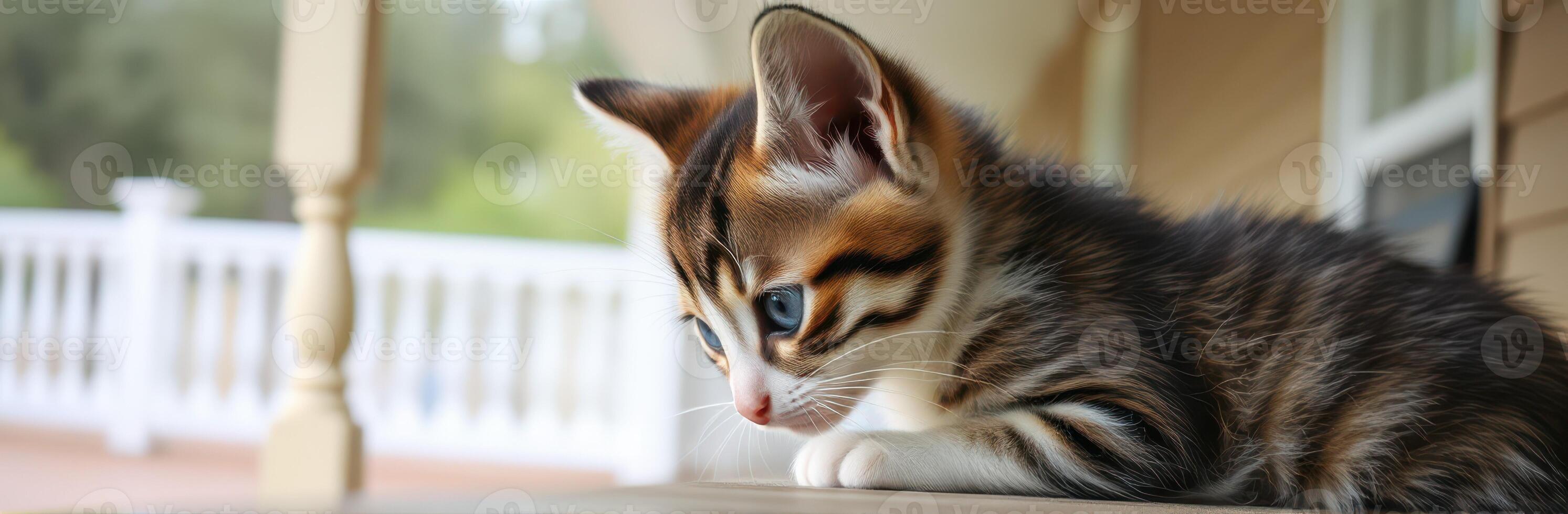 Curious kitten exploring a porch on a sunny day photo
