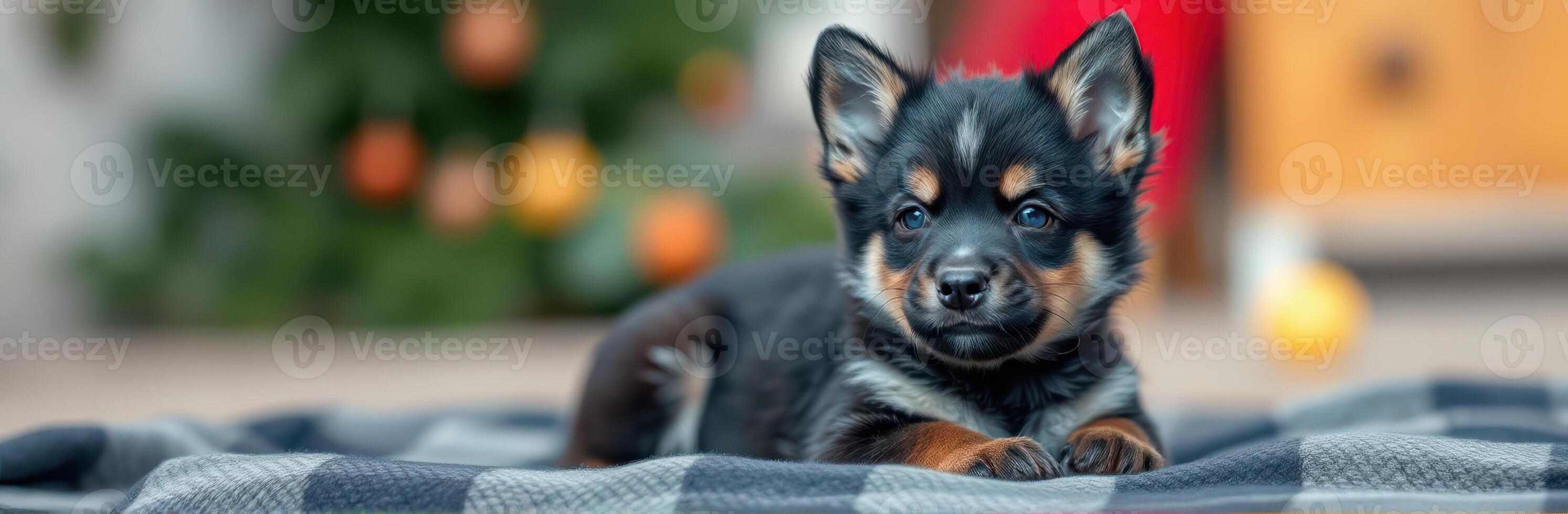 Cute black and tan puppy lying on a blanket in a cozy holiday setting with a decorated tree nearby photo
