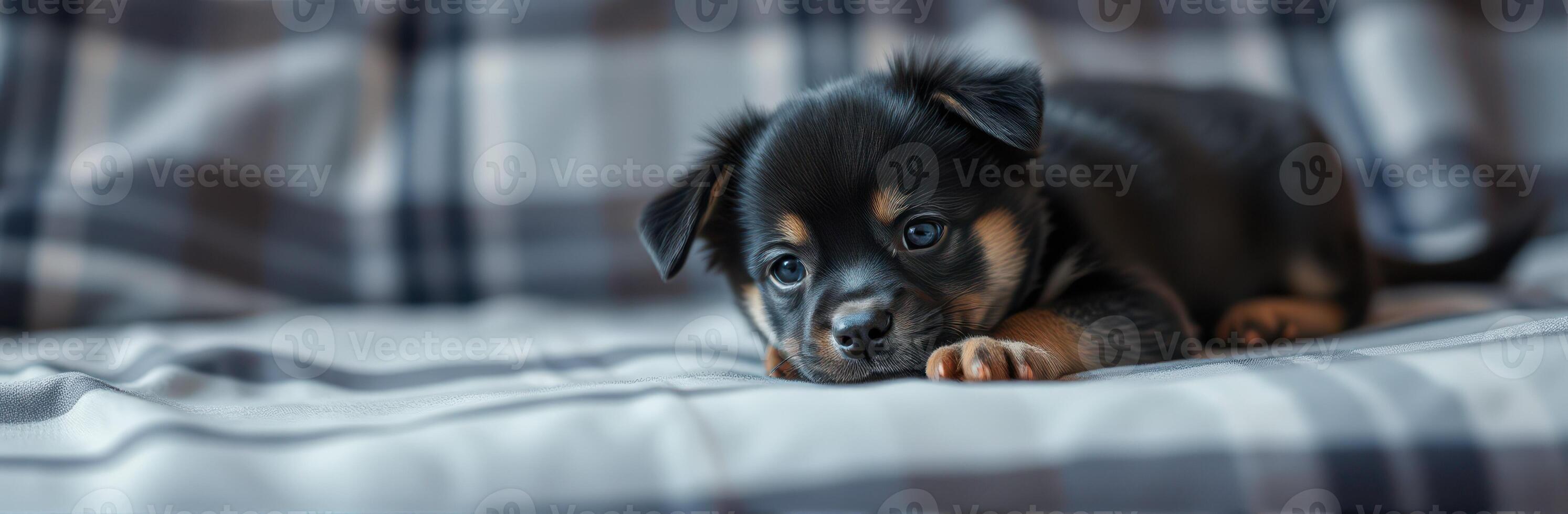 Adorable puppy resting on a cozy blanket in a warm indoor setting during the afternoon photo