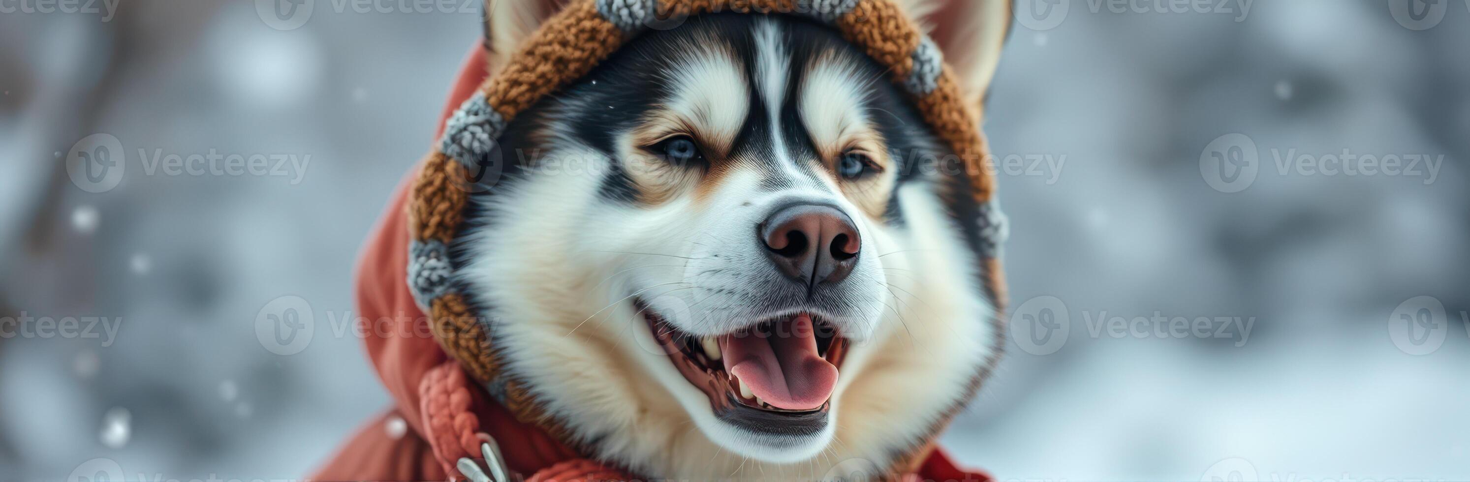 Happy dog enjoys winter wonderland wearing cozy coat and hat while snowflakes fall around photo