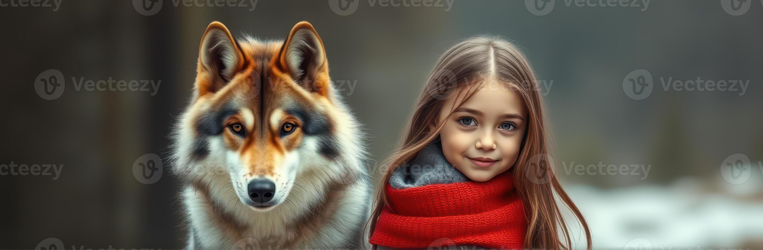 Young girl stands beside a wolf-like dog in a forested area during winter photo