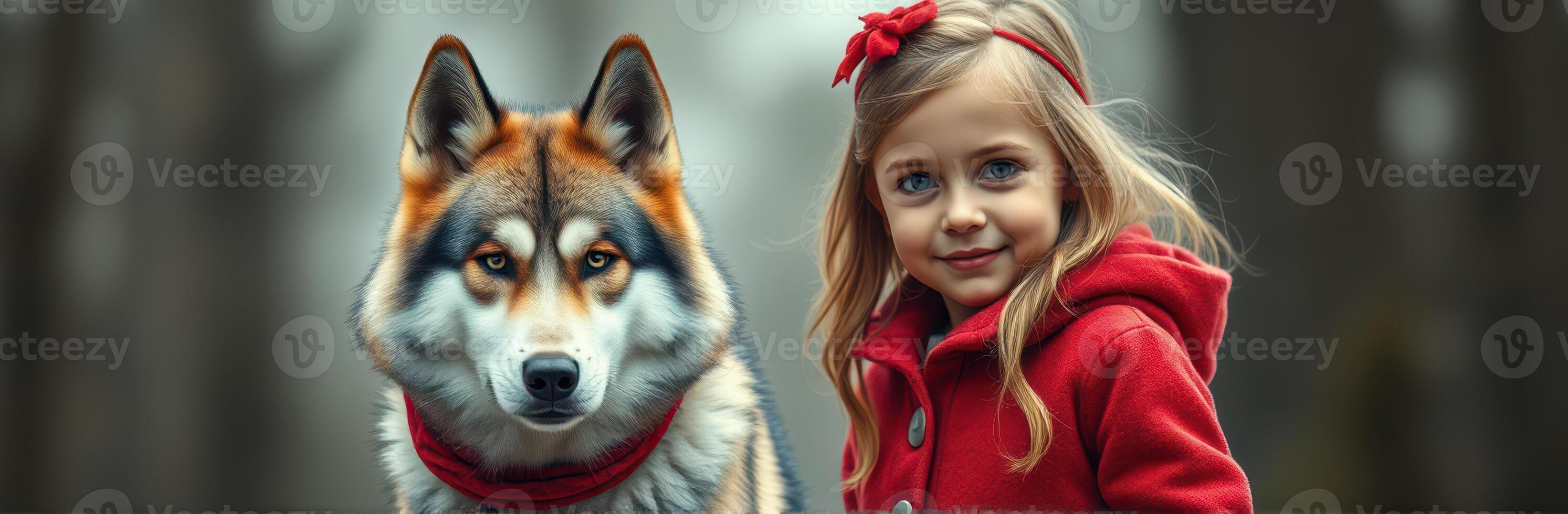 Girl in red coat poses with wolf in a misty forest during autumn afternoon photo