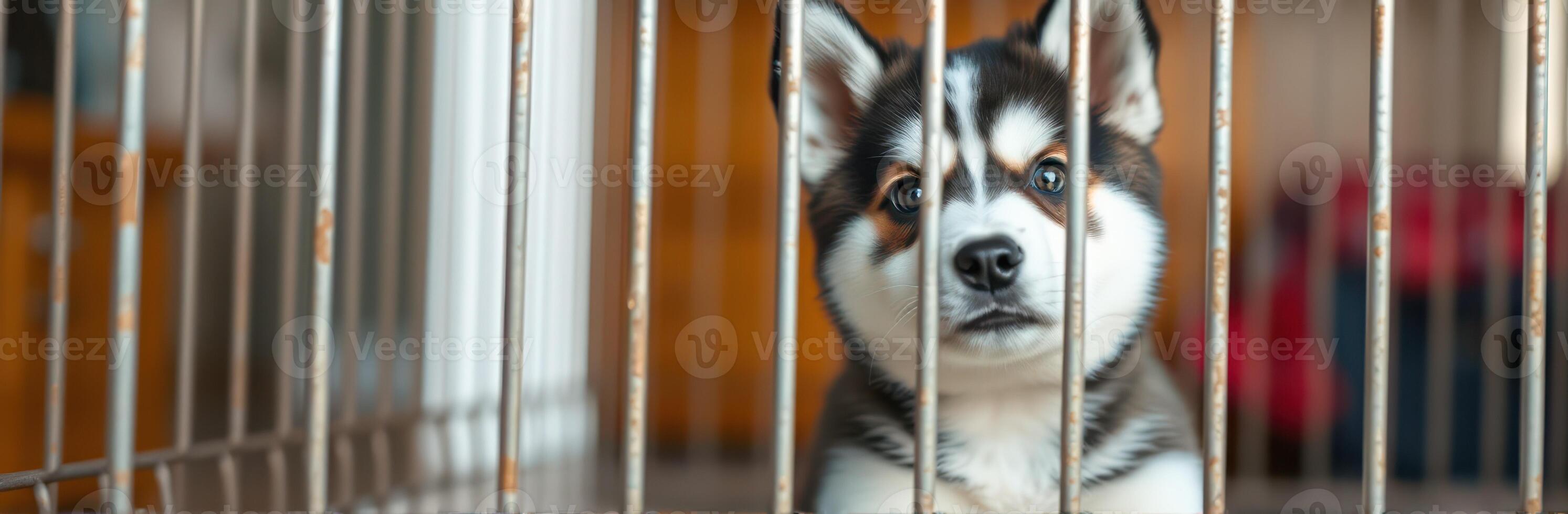 Happy puppy peeking through bars of a cage in a cozy indoor setting during afternoon light photo