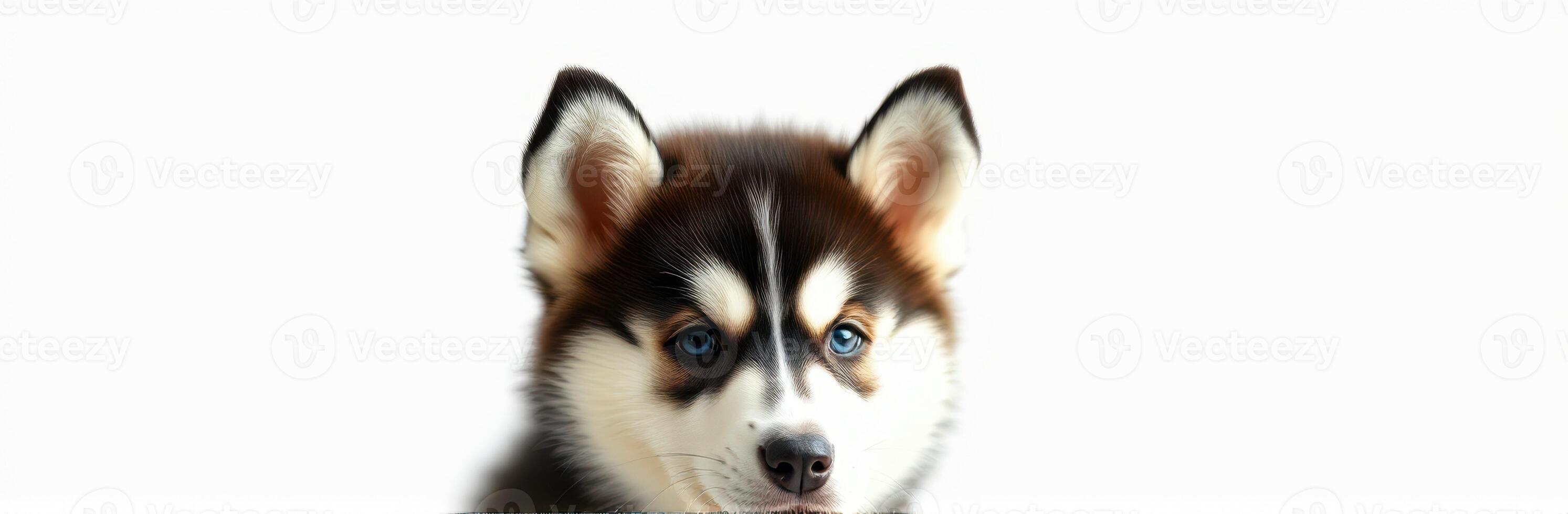 Cute fluffy puppy with striking blue eyes and distinctive markings posing against a plain background photo