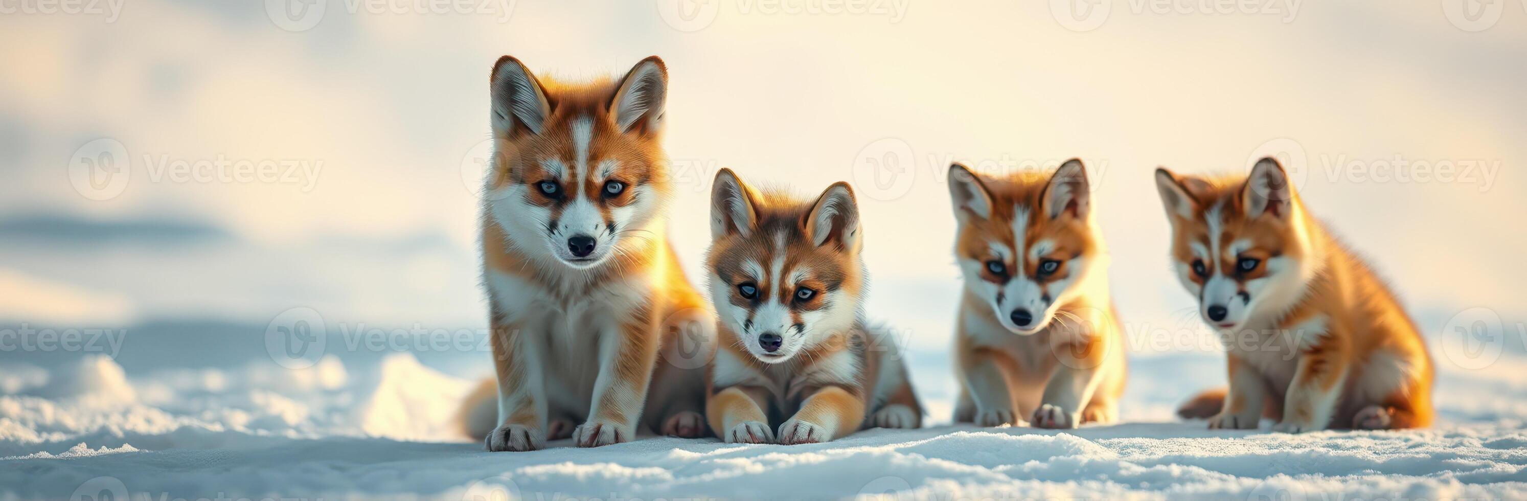 Four playful foxes resting in the snowy landscape during a bright winter day photo